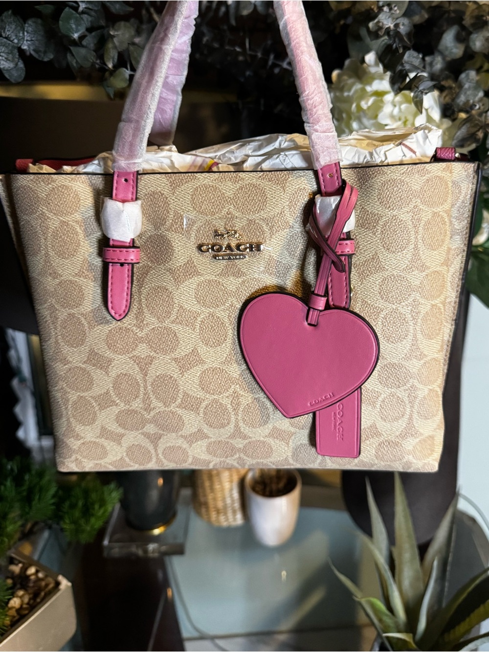 Coach limited edition Beige Signature bag with Pink Heart Charm